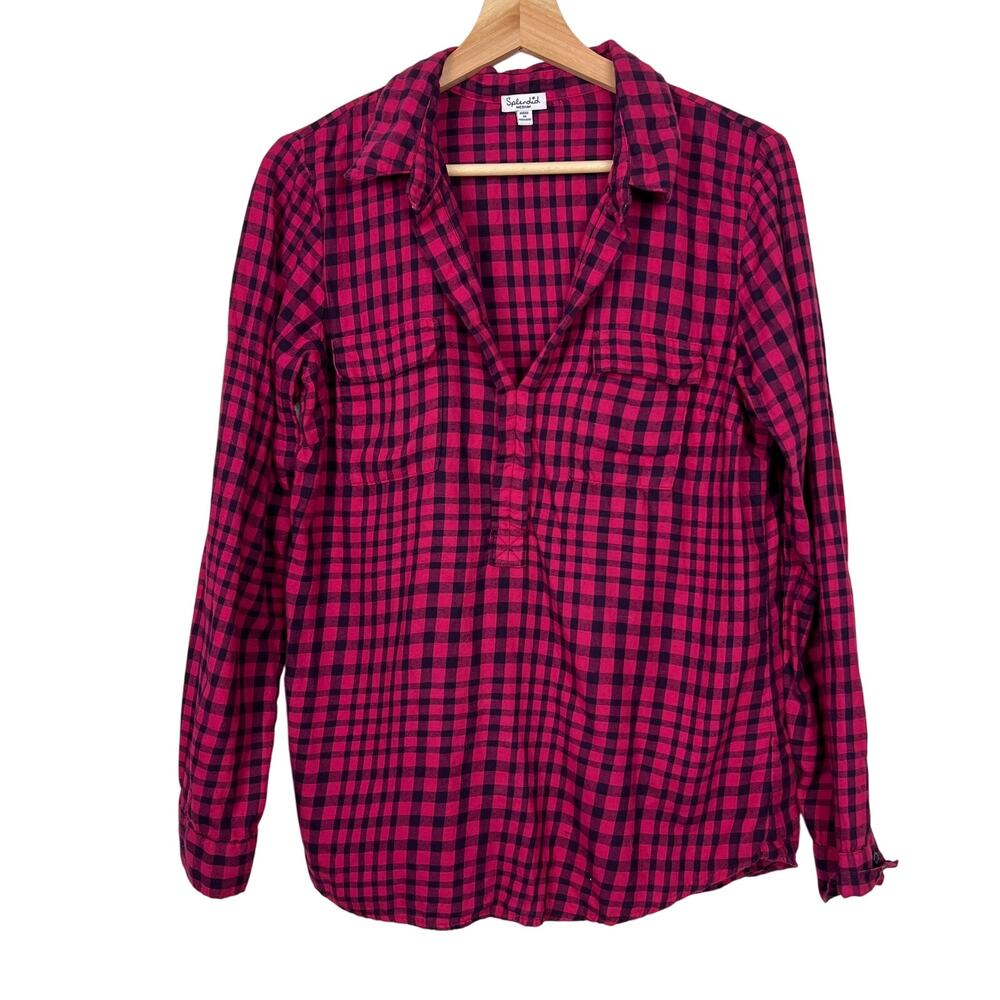 Splendid‎ Women's Medium Fuchsia Pink Check Plaid Long Sleeve Cotton Popover Top